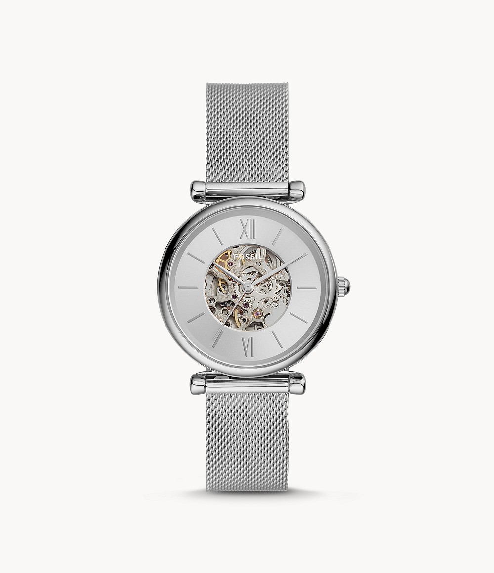 FOSSIL CARLIE AUTOMATIC ME3175 – SILVER STAINLESS STEEL MESH WATCH